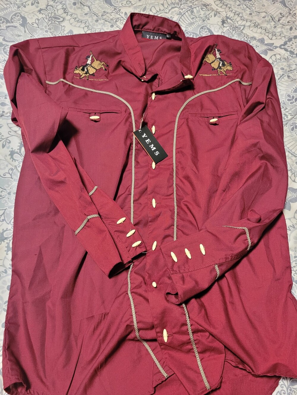 YEMS Maroon Western Embroidered Shirt Size Large